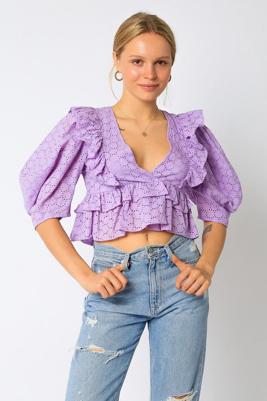 NEWEST ARRIVAL Eyelet Crop Ruffle Blouse