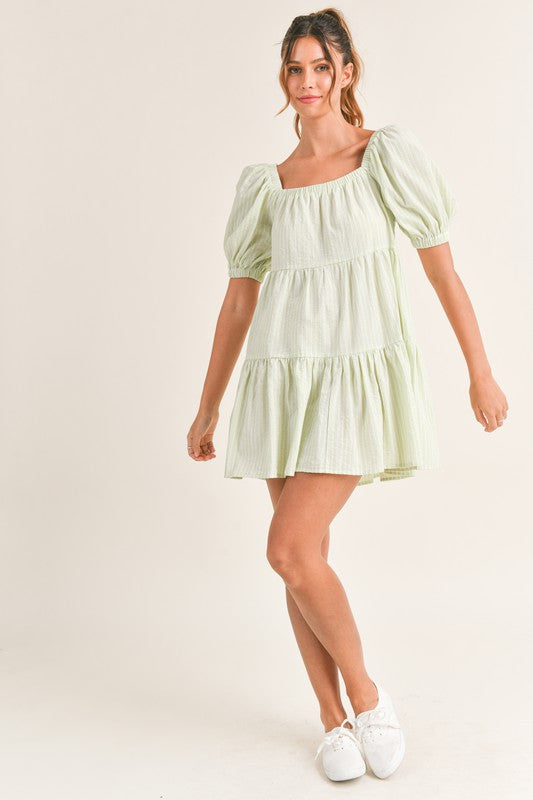 NEWEST ARRIVAL Sage Green Striped Puff Sleeve Dress