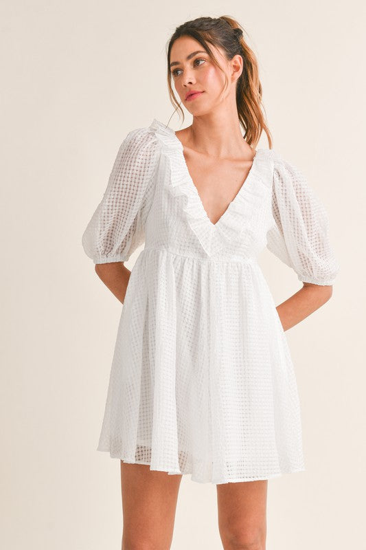 NEWEST ARRIVAL White Ruffle Bow Back Textured Dress