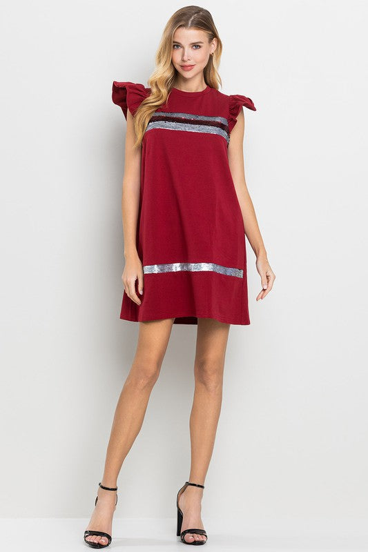 Crimson/Silver Sequin Ruffle Sleeve Shift Dress