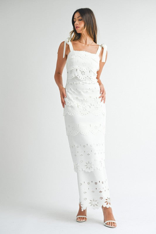 NEWEST ARRIVAL White Scallop Laser Cut Maxi Dress
