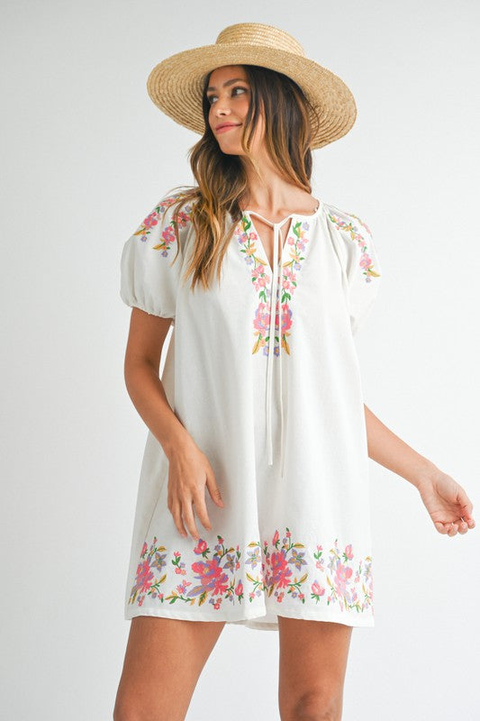 NEWEST ARRIVAL White Floral Embroidered Puff Sleeve Babydoll Dress