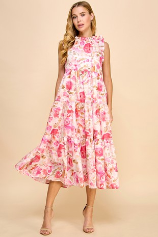 NEWEST ARRIVAL Pink Floral Ruffle Midi Dress