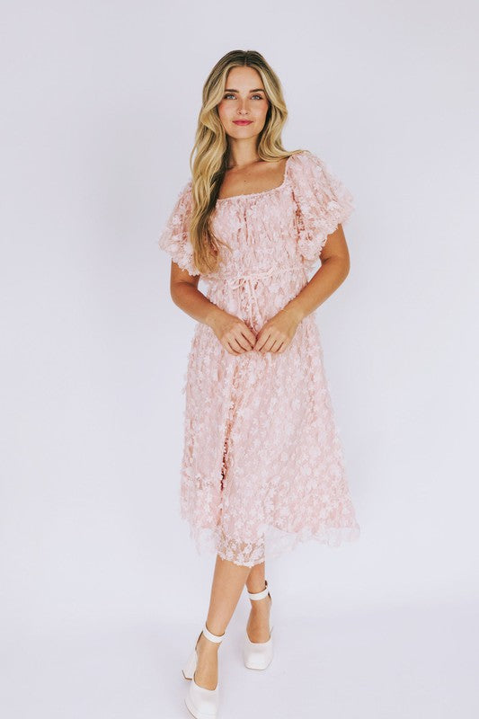 NEWEST ARRIVAL Baby Pink 3D Flower Midi Dress