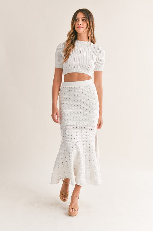 NEWEST ARRIVAL White Pointelle Knit Midi Skirt Set