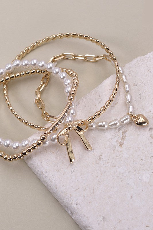 NEWEST ARRIVAL Gold Bow Pearl Bracelet Set