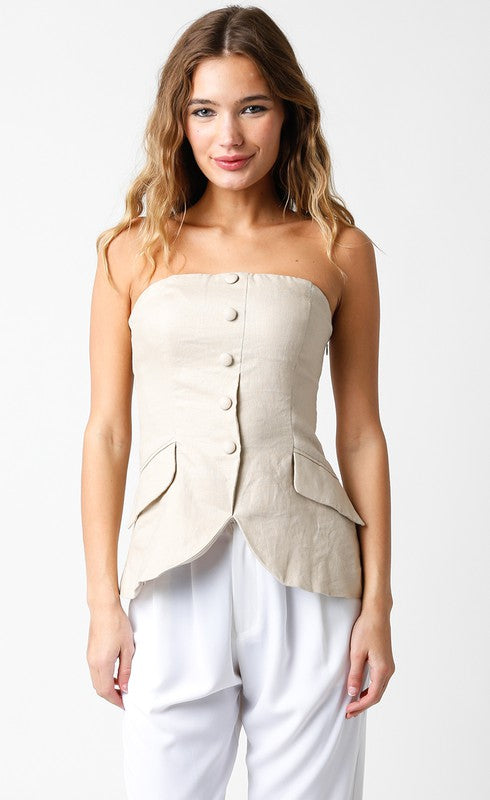 NEWEST ARRIVAL Natural Front Button Linen Strapless Top