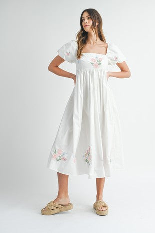 NEWEST ARRIVAL White Floral Embroidered Puff Sleeve Midi Dress