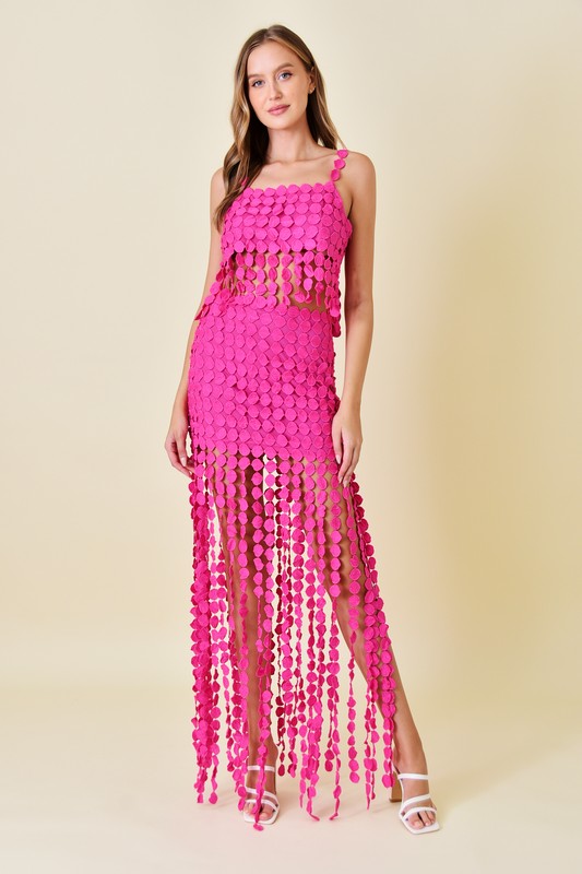 NEWEST ARRIVAL *LAST ONE* Fuchsia Pink Dot Fringe Skirt Set