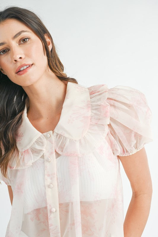 NEWEST ARRIVAL Sweet Pink Floral Sheer Organza Blouse