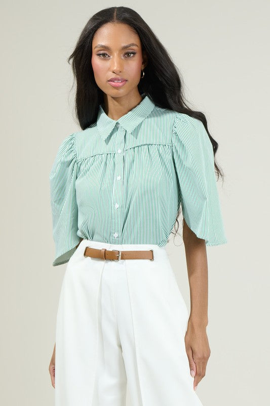 NEWEST ARRIVAL Green Striped Collared Button Down Blouse