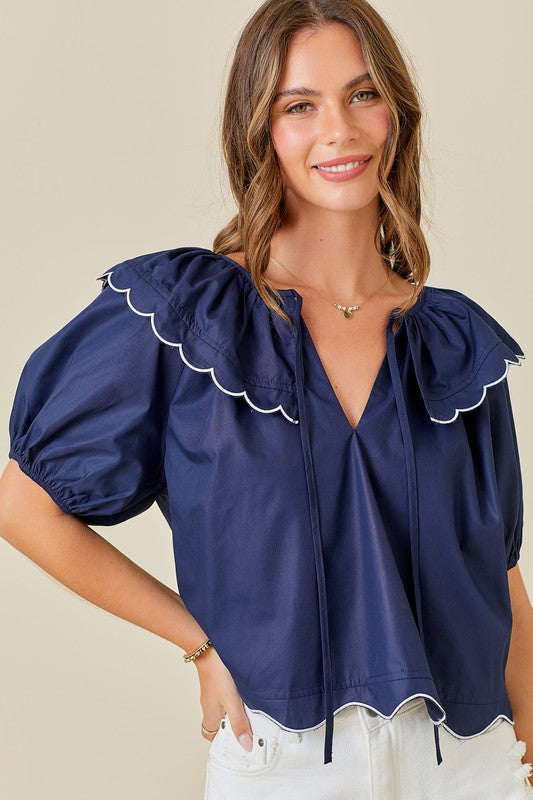 NEWEST ARRIVAL *LAST ONE* Navy/White Scalloped Blouse