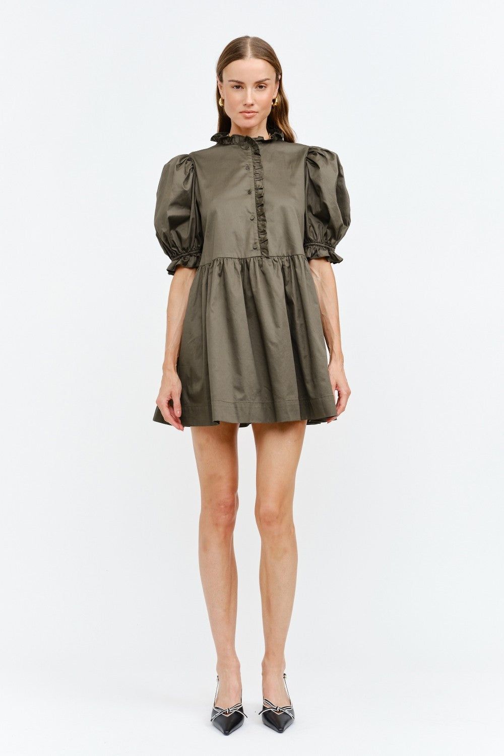 NEWEST ARRIVAL Dark Olive Brown Poplin Puff Sleeve Babydoll Dress