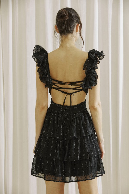 FINAL SALE Black Romantic Ruffle Tie Back Mini Dress  Five Points Boutique