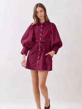 Load image into Gallery viewer, NEWEST ARRIVAL Burgundy Extra Puff Sleeve Button Front Dress
