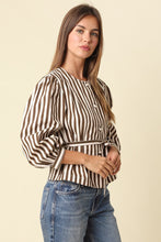 Load image into Gallery viewer, NEWEST ARRIVAL Brown Striped Peplum Belted Blouse
