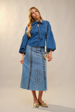 Load image into Gallery viewer, NEWEST ARRIVAL Medium Wash Denim Neck Tie Blouse
