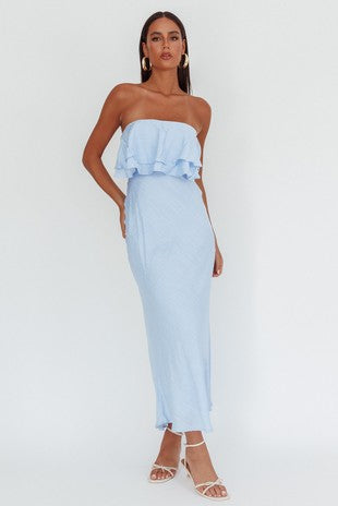 Baby Blue Strapless Ruffle Maxi Dress
