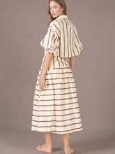 Load image into Gallery viewer, NEWEST ARRIVAL Cream/Brown Striped Puff Sleeve Midi Skirt Set

