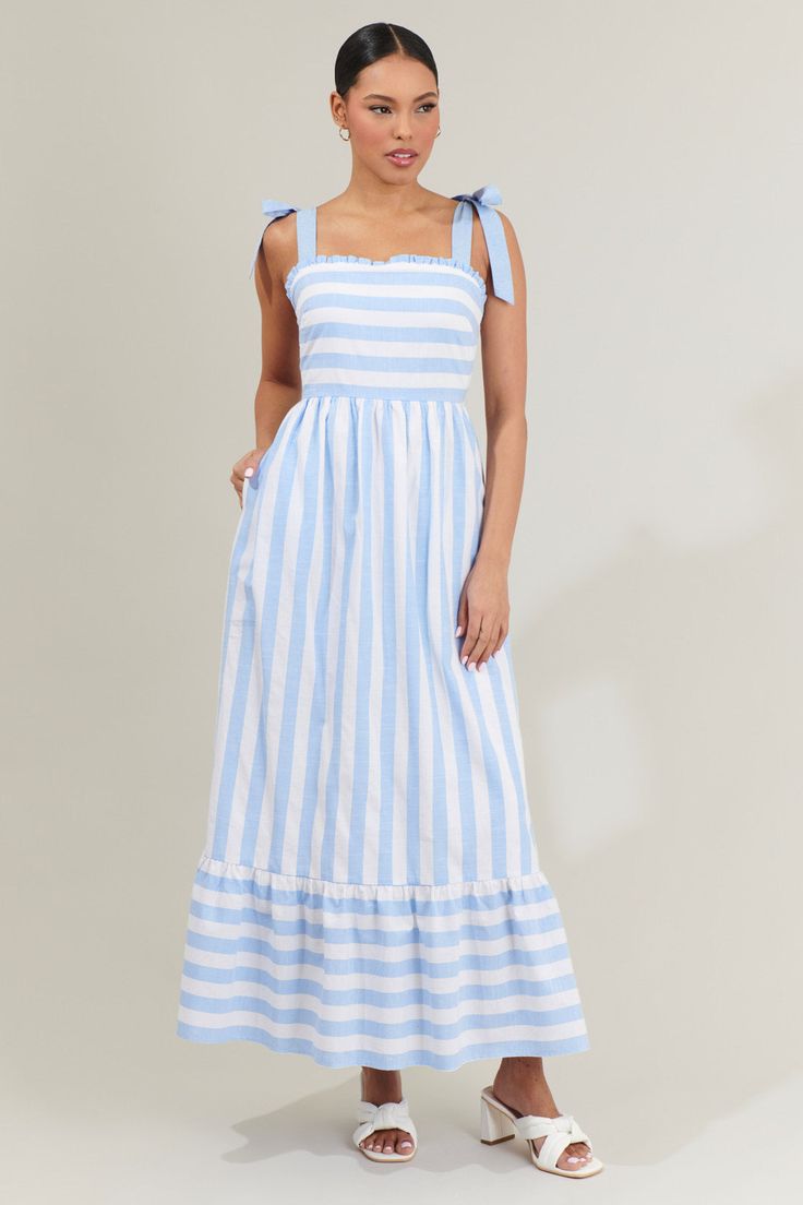 NEWEST ARRIVAL Baby Blue Striped Shoulder Tie Maxi – Five Points Boutique