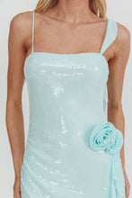 Load image into Gallery viewer, NEWEST ARRIVAL Mint Blue Sequin 3d Flower Maxi Dress
