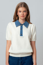 Load image into Gallery viewer, NEWEST ARRIVAL Cream Knit Denim Collar Top
