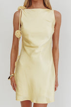 Load image into Gallery viewer, NEWEST ARRIVAL Yellow Satin Applique Strap Mini Dress
