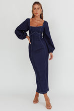 Load image into Gallery viewer, NEWEST ARRIVAL Dark Denim Puff Sleeve Fitted Maxi Dress
