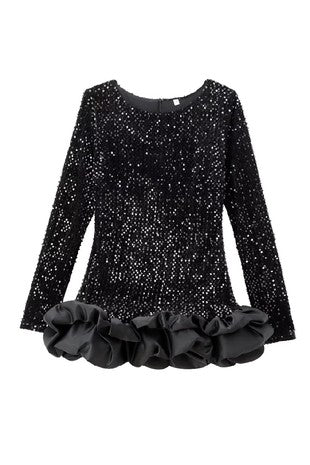 Black Sequin Ruffle Mini Romper Dress