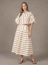 Load image into Gallery viewer, NEWEST ARRIVAL Cream/Brown Striped Puff Sleeve Midi Skirt Set
