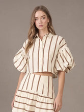 Load image into Gallery viewer, NEWEST ARRIVAL Cream/Brown Striped Puff Sleeve Midi Skirt Set
