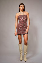 Load image into Gallery viewer, NEWEST ARRIVAL Plum Floral Embroidered Strapless Denim Dress
