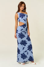Load image into Gallery viewer, Blue Leaf Print Mesh Cut Out Maxi Dress
