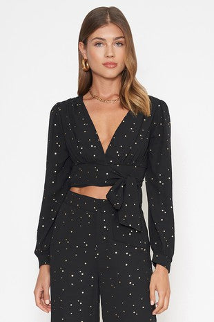 LAST ONE FINAL SALE Black/Gold Star Wrap Blouse