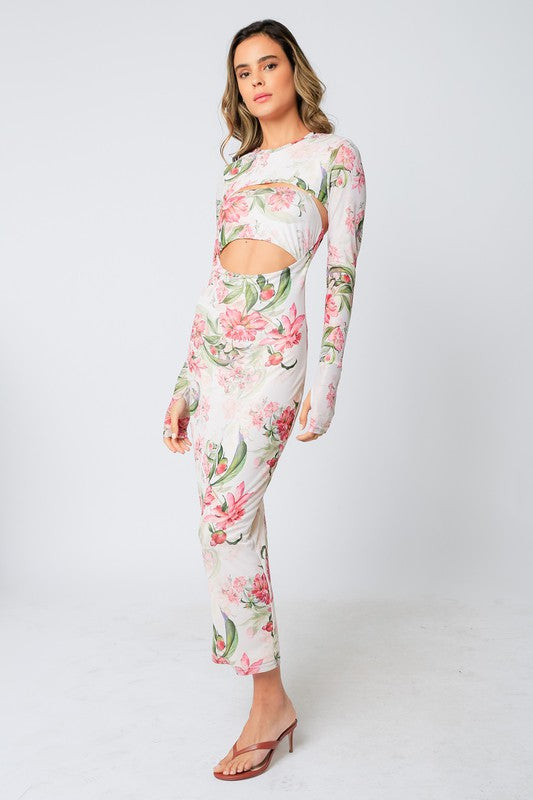 FINAL SALE Off White Floral Mesh Bodycon Midi Dress