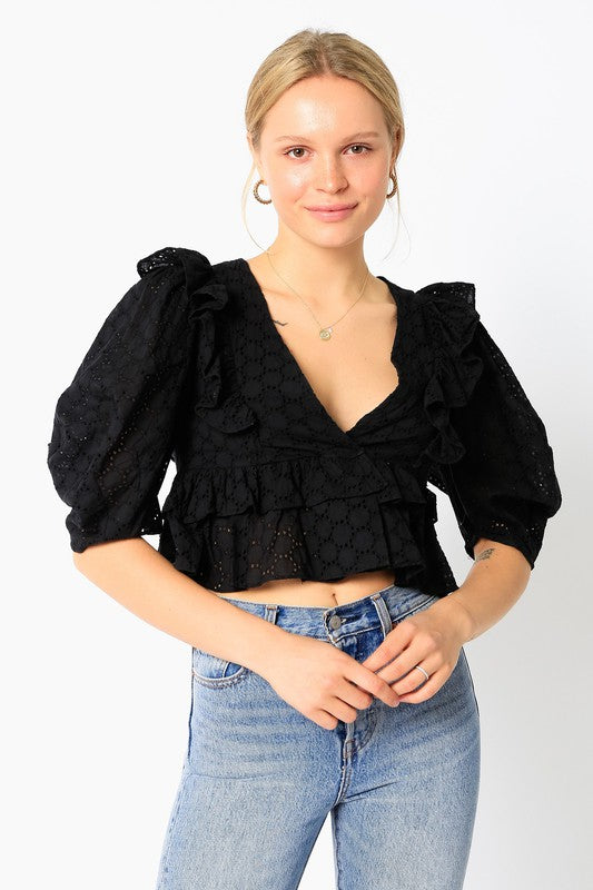 Eyelet Crop Ruffle Blouse
