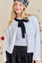Load image into Gallery viewer, White/Black Neck Tie Pearl Cardigan
