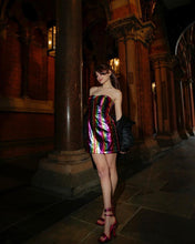 Load image into Gallery viewer, FINAL SALE Rainbow Faux Leather Metallic Strapless Mini Dress
