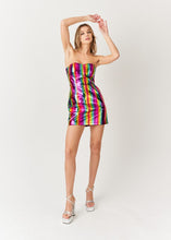 Load image into Gallery viewer, FINAL SALE Rainbow Faux Leather Metallic Strapless Mini Dress
