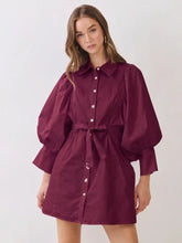 Load image into Gallery viewer, NEWEST ARRIVAL Burgundy Extra Puff Sleeve Button Front Dress
