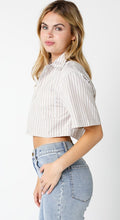 Load image into Gallery viewer, FINAL SALE Tan/White Striped Cropped Button Down Top
