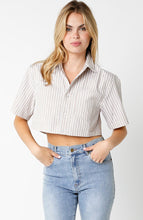 Load image into Gallery viewer, FINAL SALE Tan/White Striped Cropped Button Down Top
