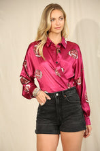 Load image into Gallery viewer, FINAL SALE Crimson Red Football Silky Button Down Top
