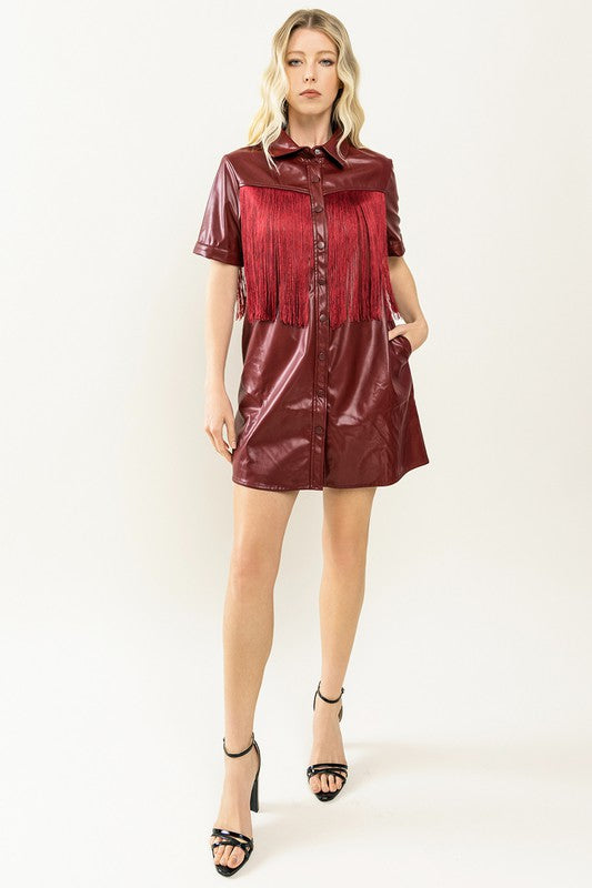 FINAL SALE Crimson Red Fringe Pleather Dress