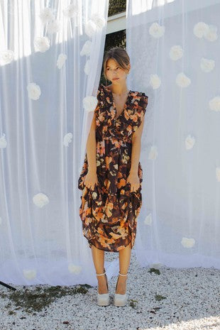 Brown Floral Ruffle Sleeve Midi Dress