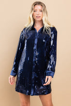 Load image into Gallery viewer, FINAL SALE Navy Sequin Button Up Shirt Dress
