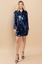 Load image into Gallery viewer, FINAL SALE Navy Sequin Button Up Shirt Dress

