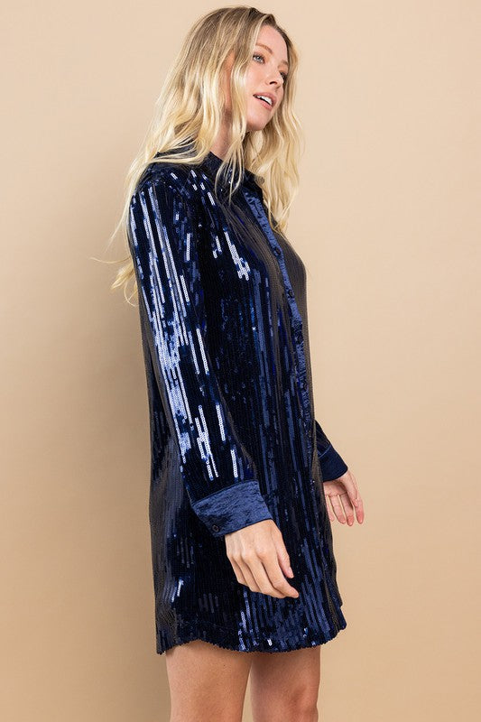 FINAL SALE Navy Sequin Button Up Shirt Dress