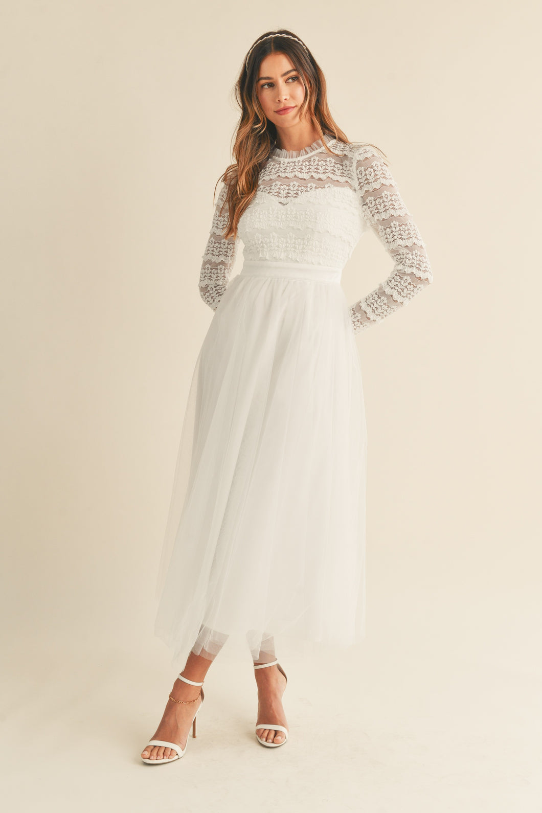 FINAL SALE Off White Lace Bodice Tulle Midi Dress