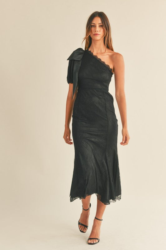 LAST ONE Black One Shoulder Ribbon Lace Midi Dress